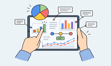 AI generated zentralisierte Datenanalyse mit mehreren Endgeräten und visualisierten Daten.