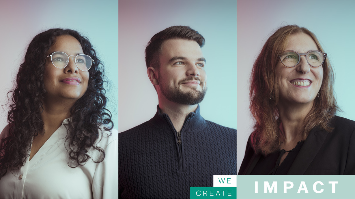 Drei Personen und der Claim "we create impact"