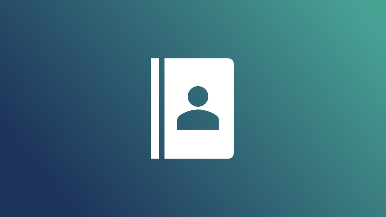 Weißes Adressbuch-Symbol auf blau-grünem Hintergrund.