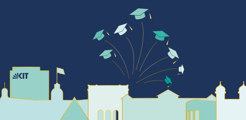 Illustration der KIT-Campus-Silhouette mit aufsteigenden Doktorhüten vor dunkelblauem Hintergrund.